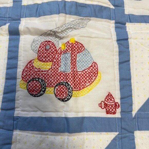 Homemade Embroidered Cross Stitch Baby Boy Blanket Police Fire Dump Truck 39"x26 - Picture 8 of 10